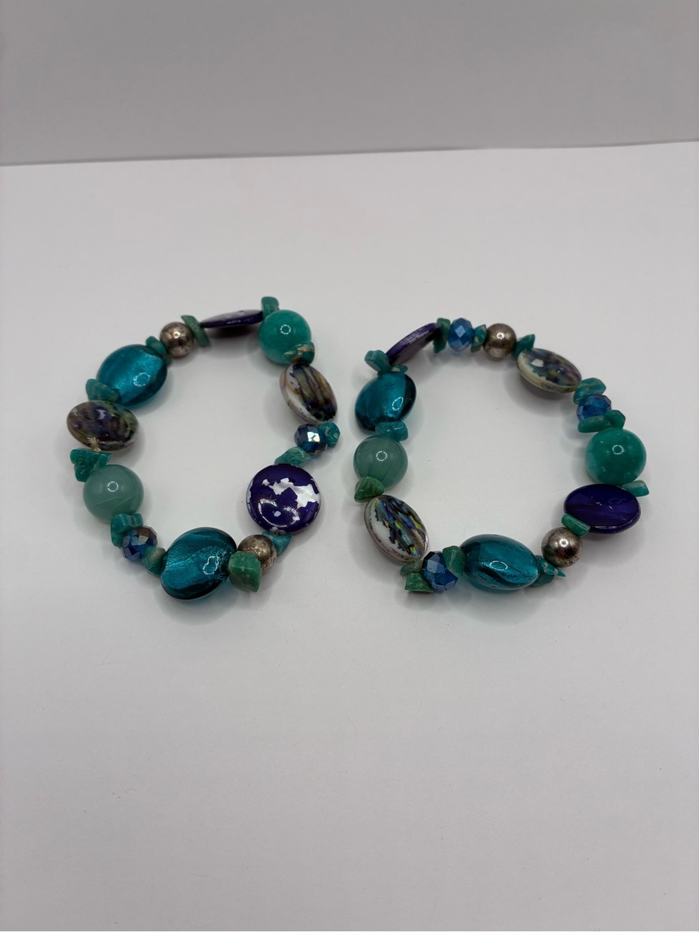 2 Handmade Turquoise & Teal Stones Mermaid Style Beaded Stretch Bracelets Pair